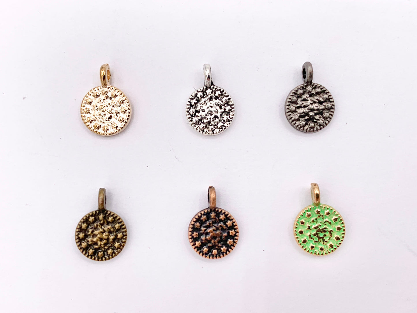 7mm Pewter Small Hammered Coin Charms in Rosy Gold, Silver, Bronze, Copper, Gunmetal and Green Patina