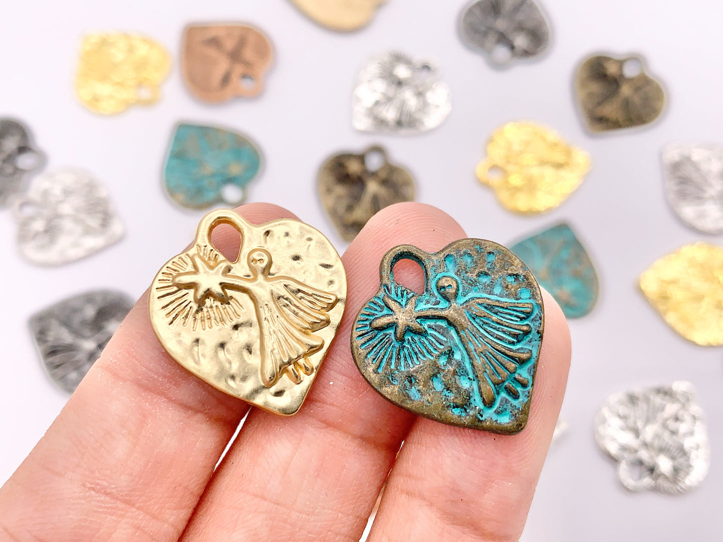 18x20mm Pewter Angel with Wand Heart Charms Valentine's Day Heart Pendants in 8 Colors