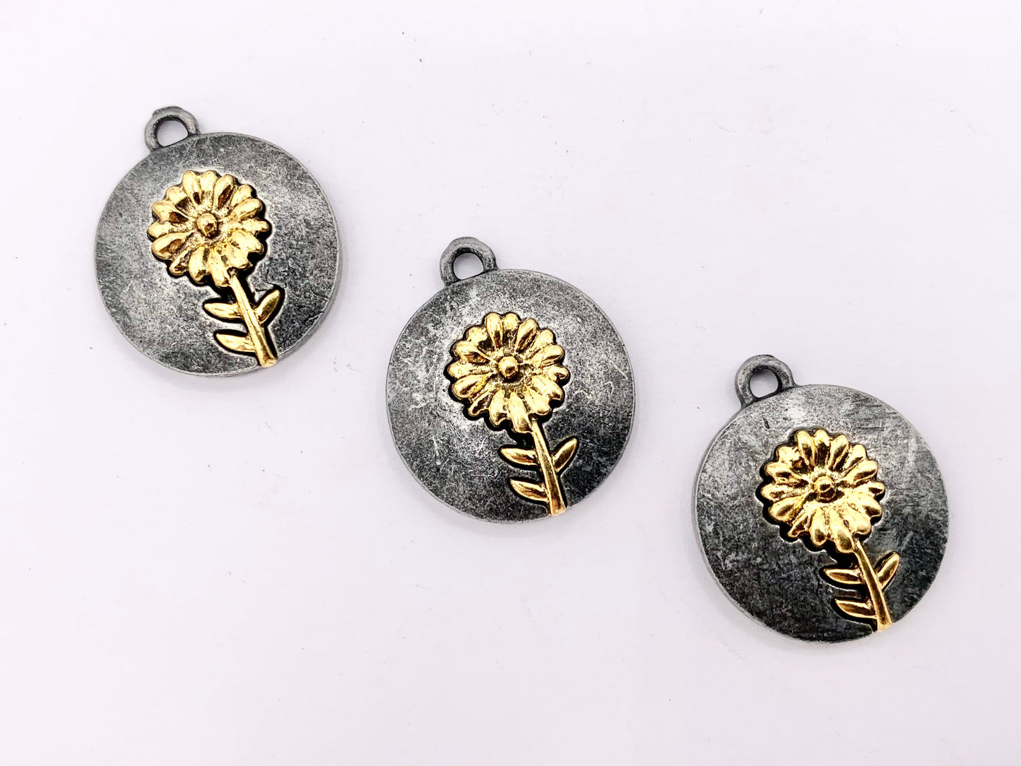 17mm Pewter Gunmetal Coin with Gold Flower Charms Cute Floral Pendants 15 PCS