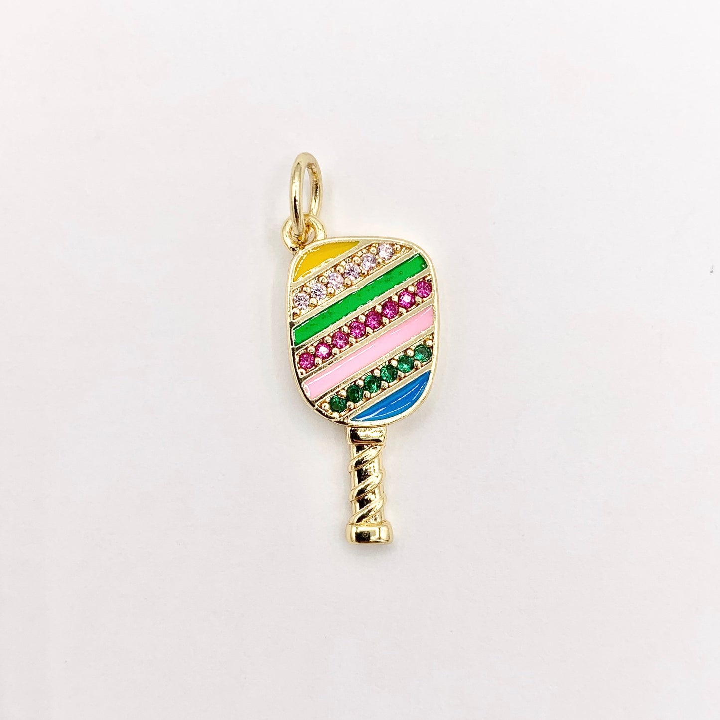 Colorful Pickleball Paddle Pendants in CZ Pave Rhinestone 18K Gold Plated Copper 8 PCS
