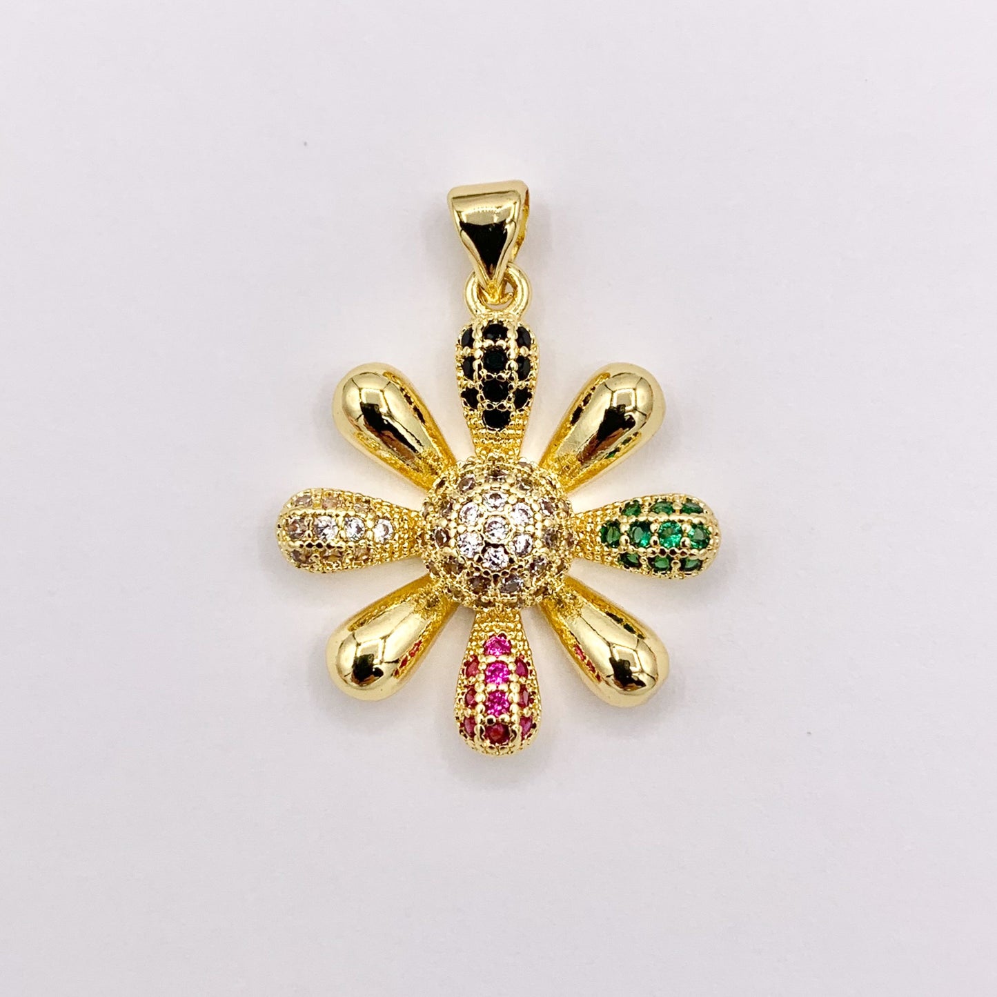 Real Gold 18K Plated Micro CZ Multicolor Large Flower Pave Pendant Over Brass 5 PCS