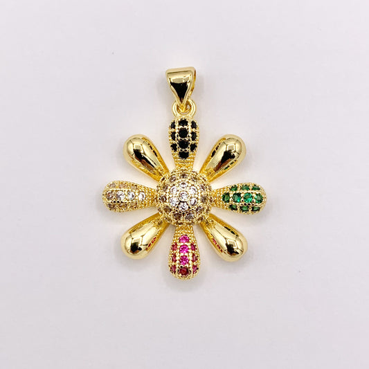 Real Gold 18K Plated Micro CZ Multicolor Large Flower Pave Pendant Over Brass 5 PCS