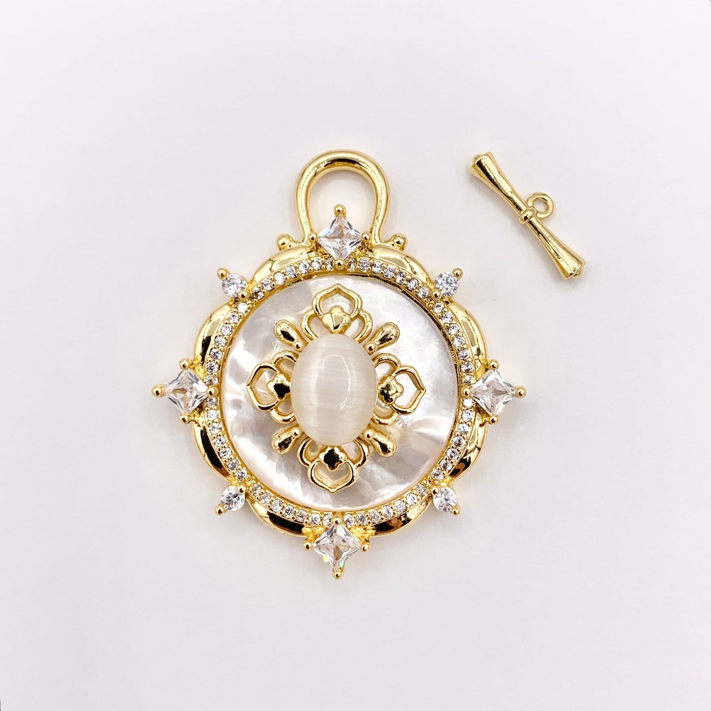 Large White Lip Shell Toggle/Pendant in 18K Gold Plated CZ Pave Jewelry Component 3 SETS