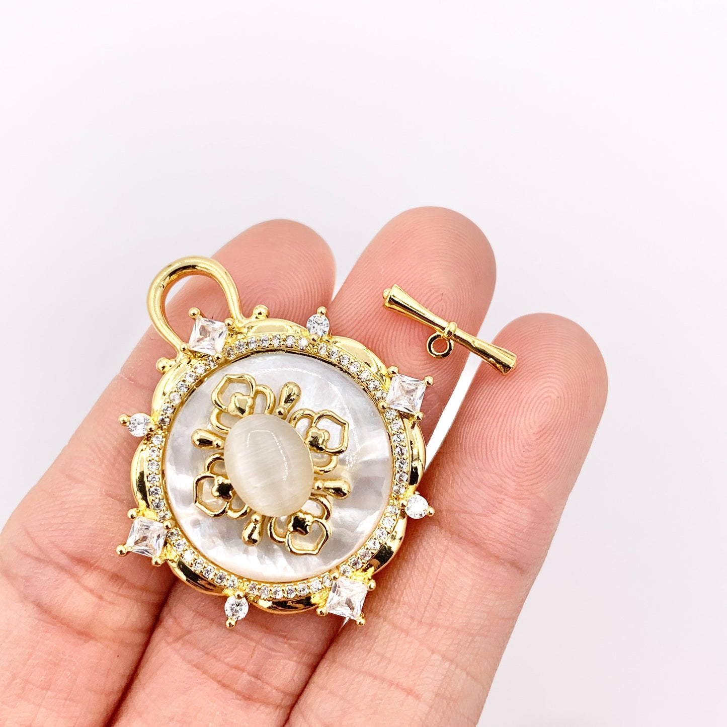 Large White Lip Shell Toggle/Pendant in 18K Gold Plated CZ Pave Jewelry Component 3 SETS