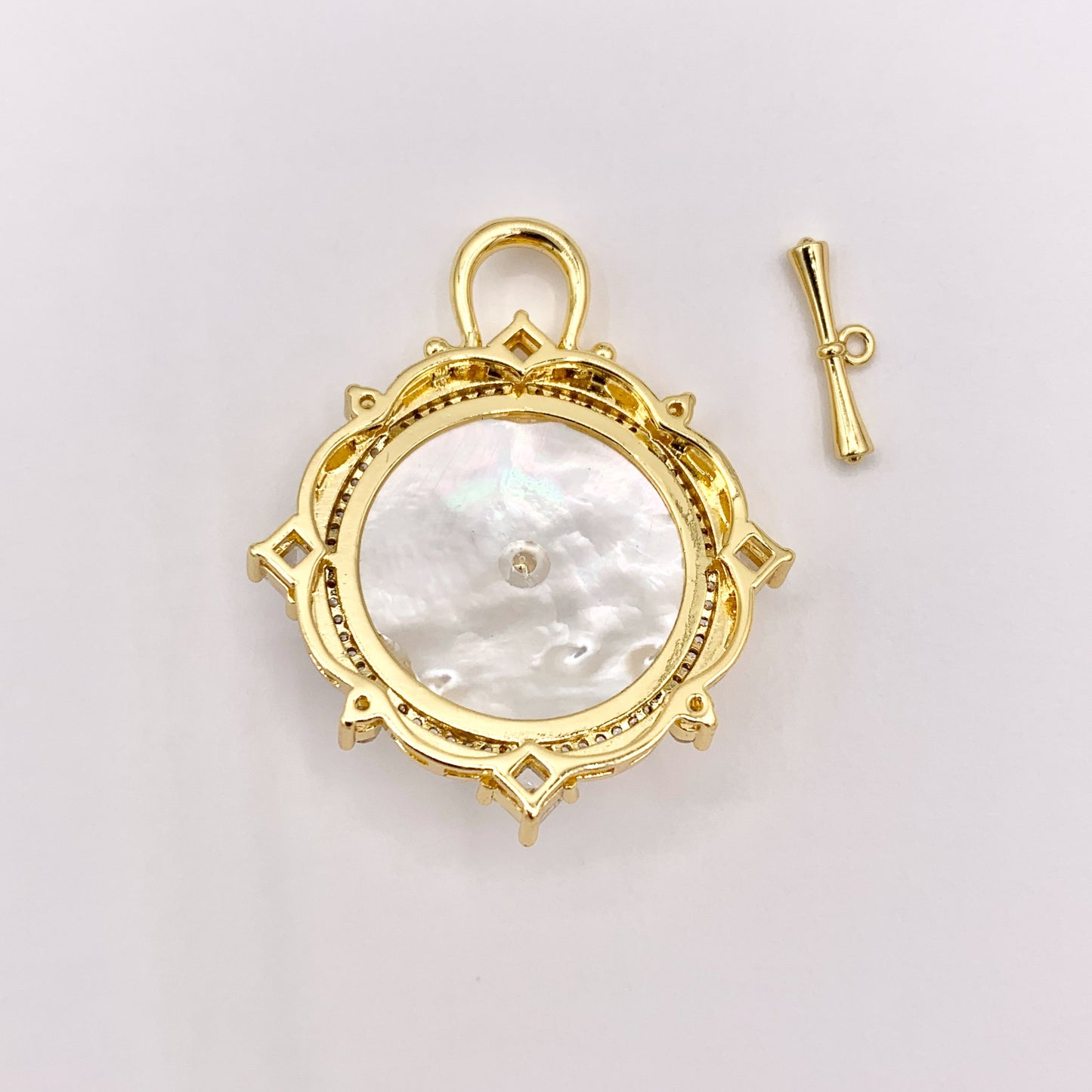 Large White Lip Shell Toggle/Pendant in 18K Gold Plated CZ Pave Jewelry Component 3 SETS