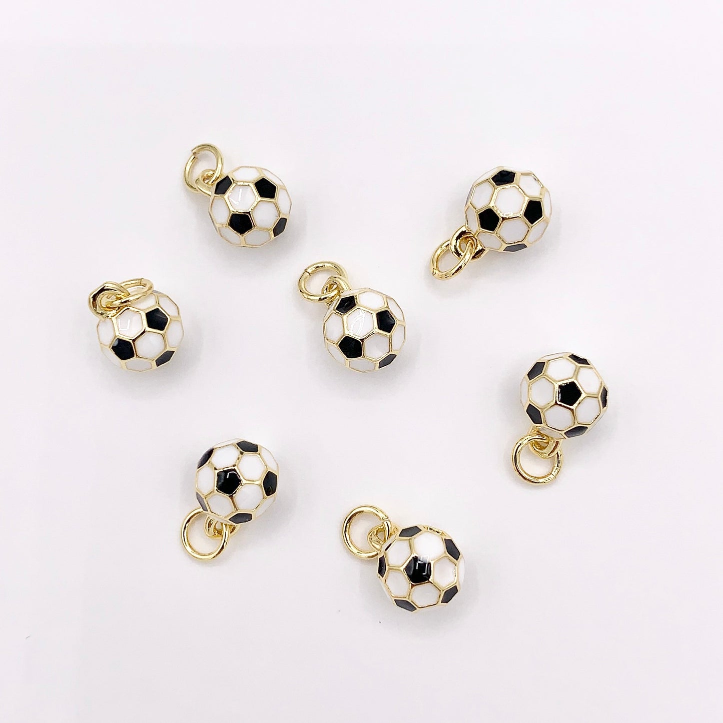 7-8mm Black & White Enamel Soccer Charms 3D Sports Ball Charms in 18K Gold Plated Over Copper 8 PCS