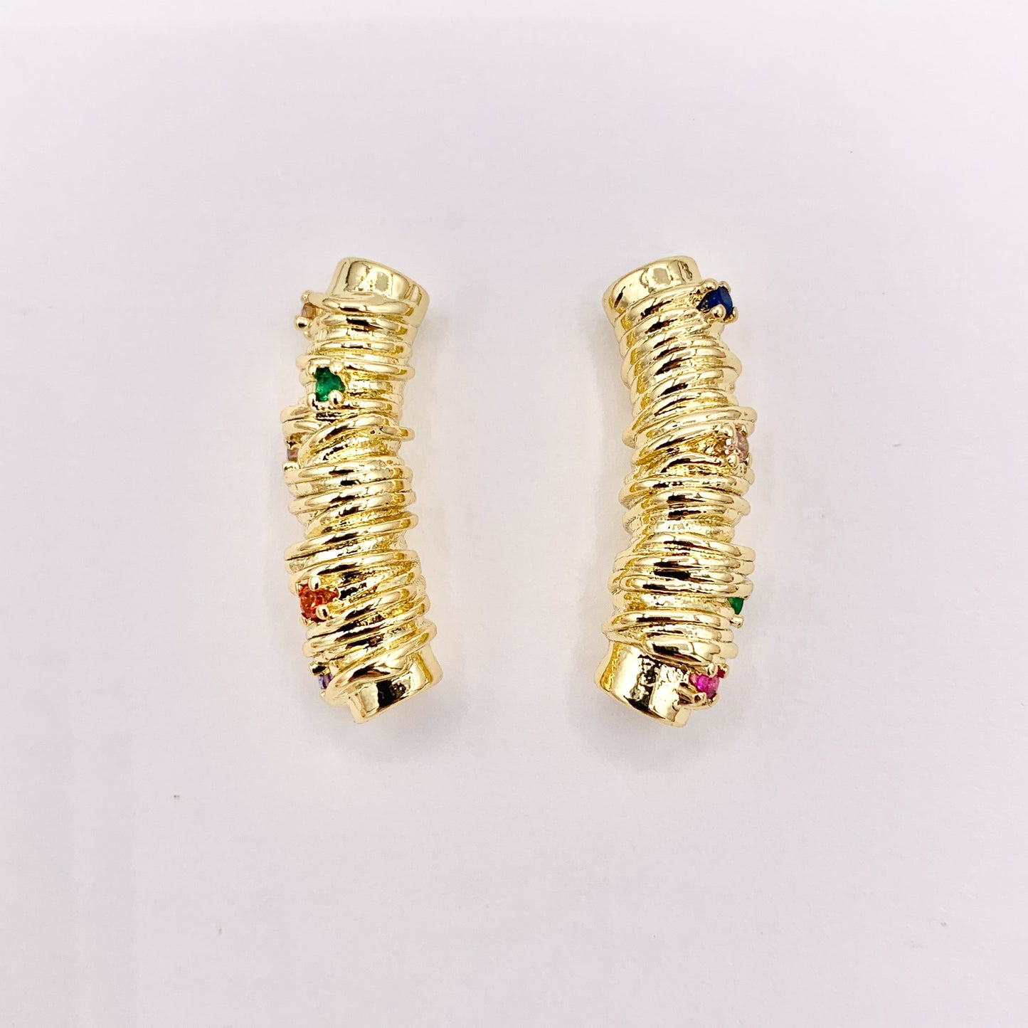 1" Long Etched Tube Cylinder Beads with Colorful CZ Pave in Real 18K Gold Plated Over Brass For Jewelry Making/Designs 8 PCS