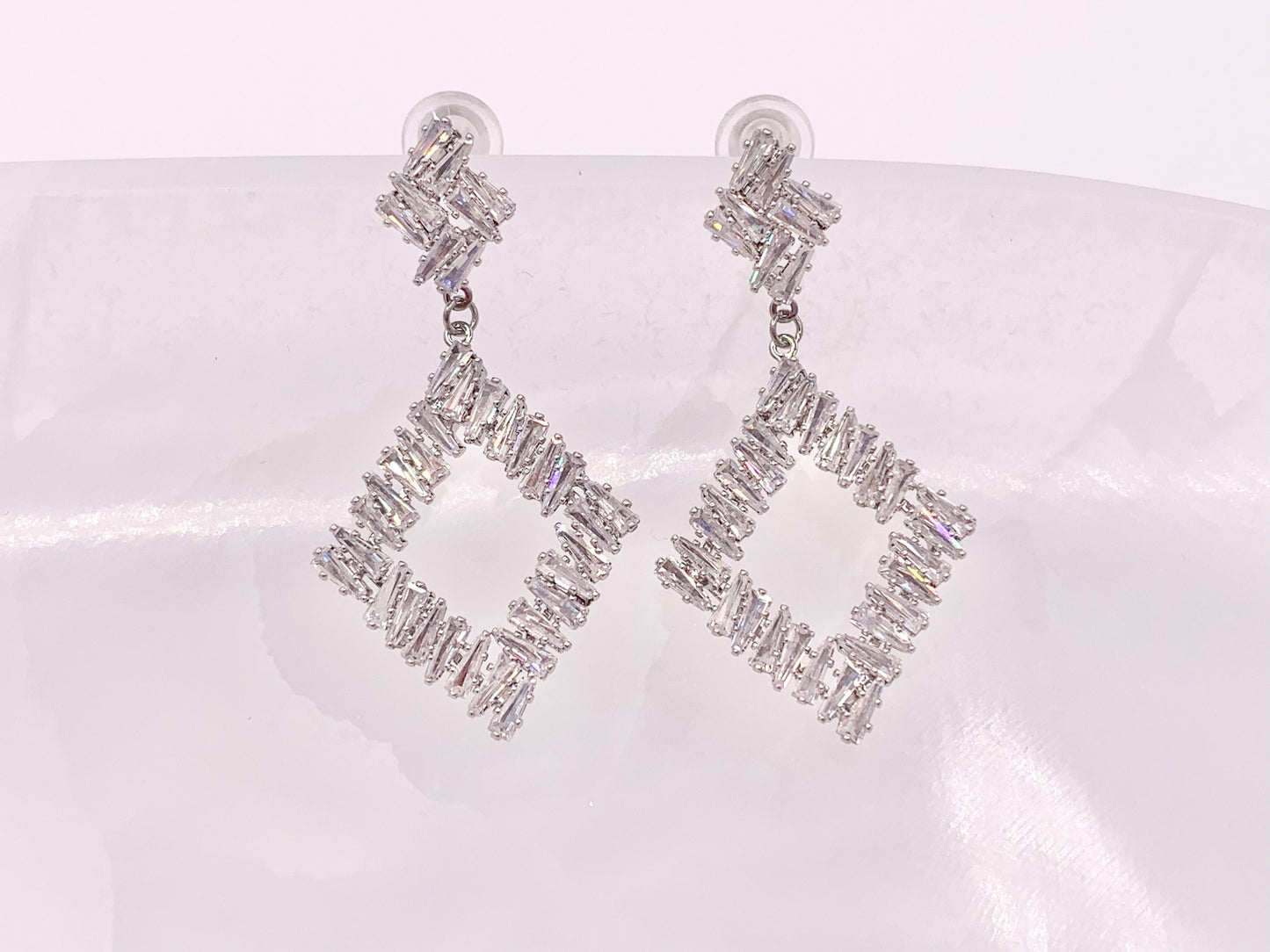 Diamond Shape Luxury Baguette CZ Pave Earrings in 18k Gold and Silver Over Copper 2 Pairs