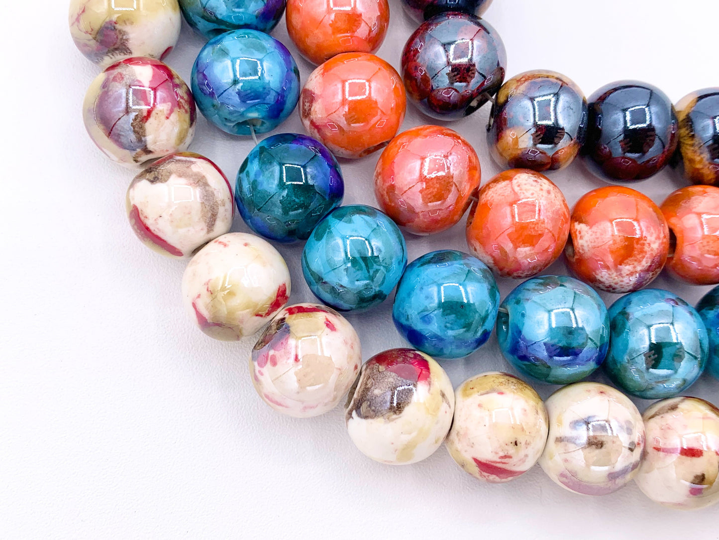 14mm Electroplated Ceramic Porcelain Large Hole Round Shiny Glossy Beads For Jewelry Making In Tortoise, Orange, Blue & Cream Around 11-12"