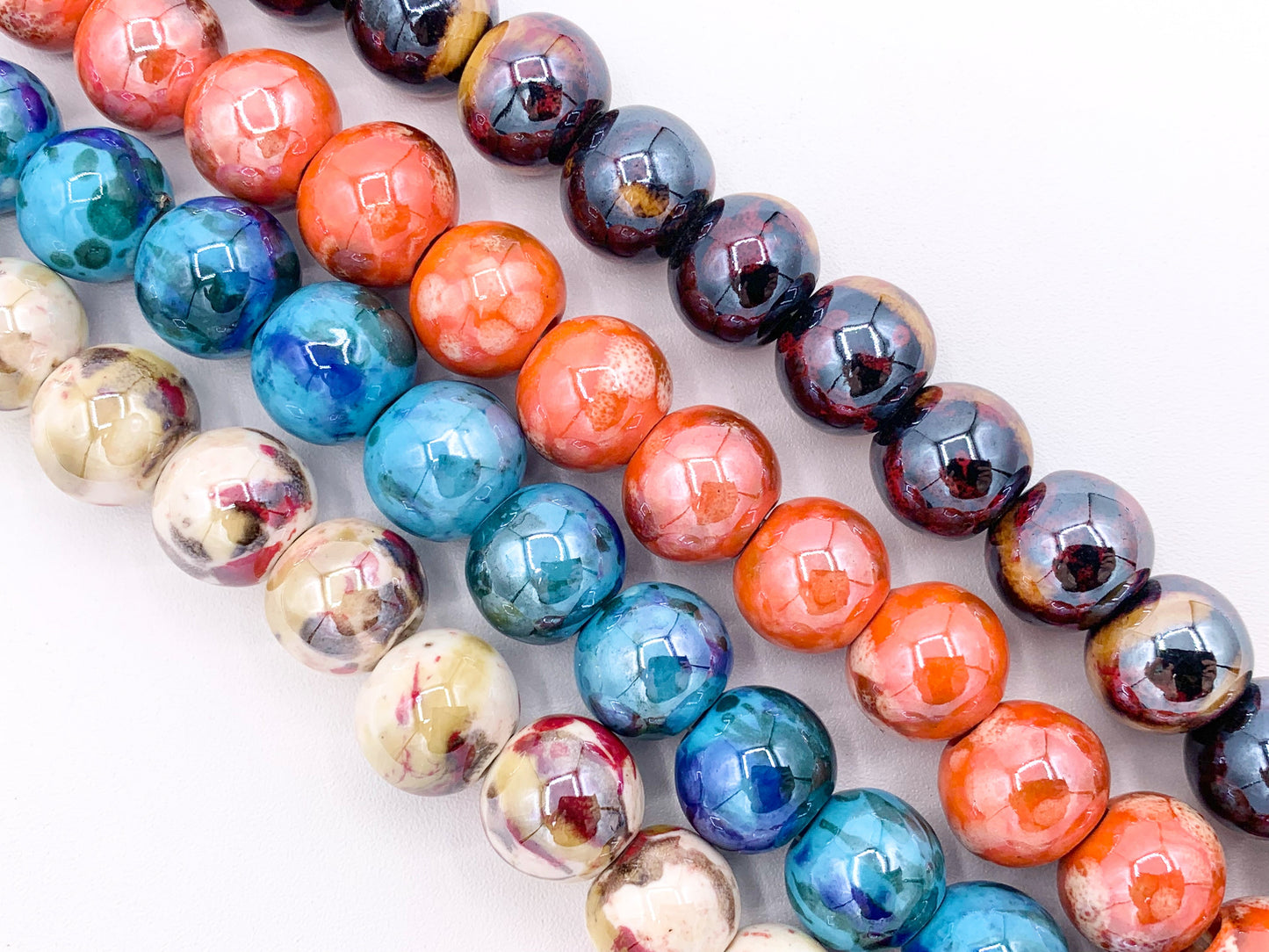14mm Electroplated Ceramic Porcelain Large Hole Round Shiny Glossy Beads For Jewelry Making In Tortoise, Orange, Blue & Cream Around 11-12"