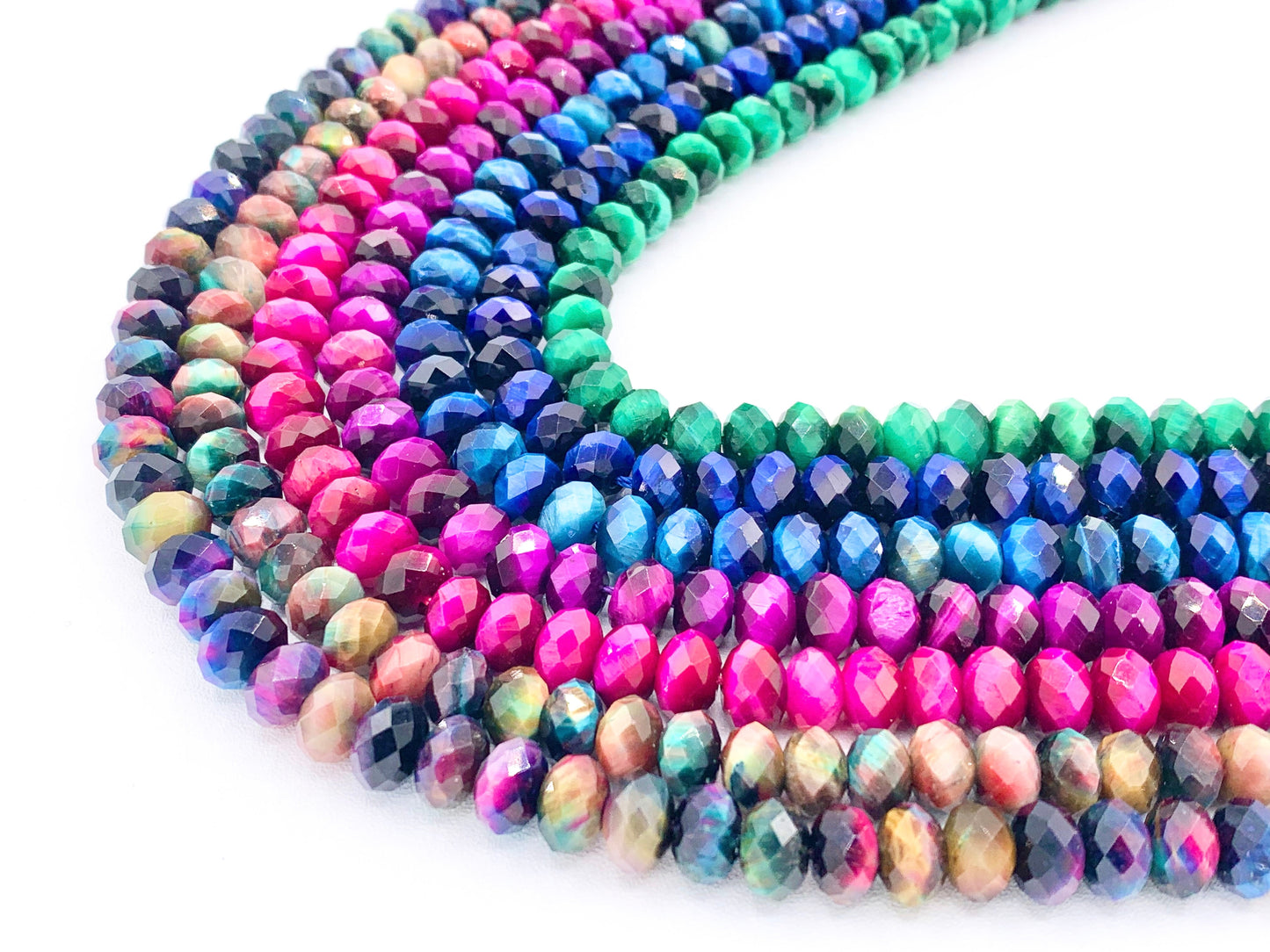 6x8mm Dyed Colorful Tiger's Eye Rondelle Hand Cut Genuine Gemstone Beads in 7 Colors Around 15"