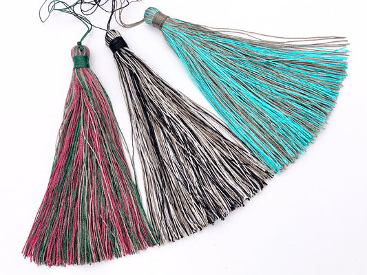 4.75 inches Long Silk Tassel Beautiful Mixed Color Handmade Tassel Large Mala Tassel Magenta/Green, Black/White, Aqua/Gray