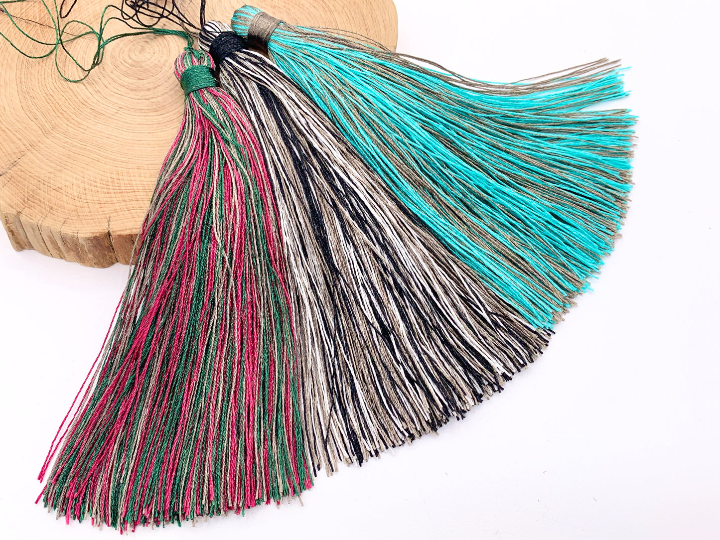 4.75 inches Long Silk Tassel Beautiful Mixed Color Handmade Tassel Large Mala Tassel Magenta/Green, Black/White, Aqua/Gray