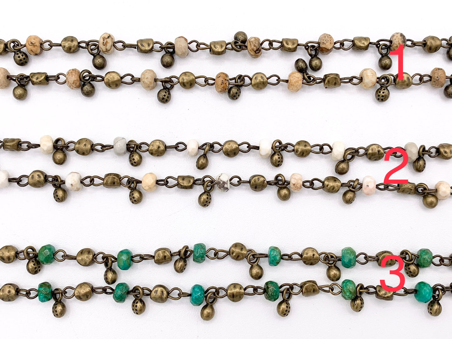 Vintage Dangle Picture Jasper/ Magnesite Natural Stone Rondelle Faceted Rosary Style Beaded Chain With Brass Wire By Spool 6mm
