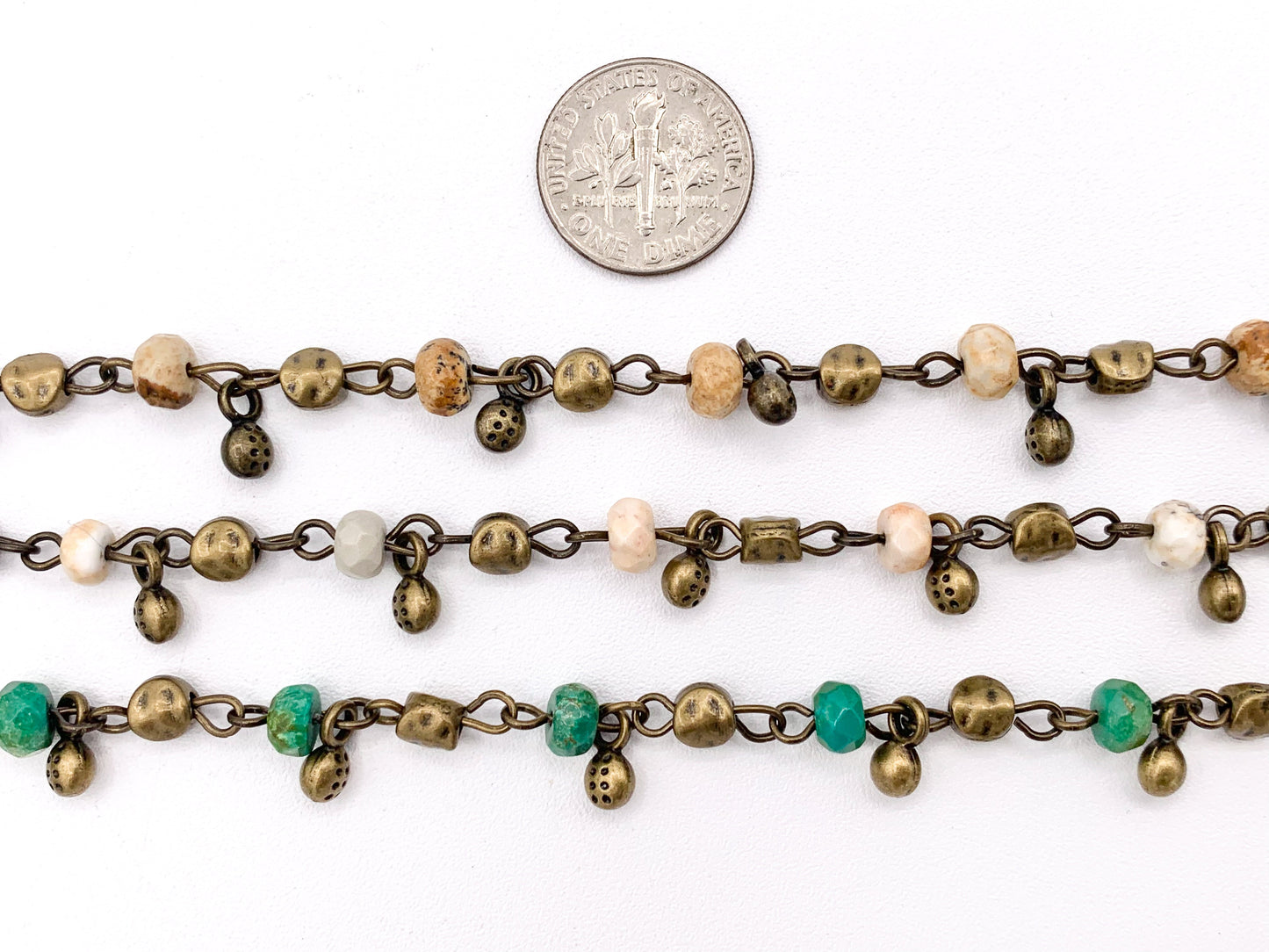 Vintage Dangle Picture Jasper/ Magnesite Natural Stone Rondelle Faceted Rosary Style Beaded Chain With Brass Wire By Spool 6mm