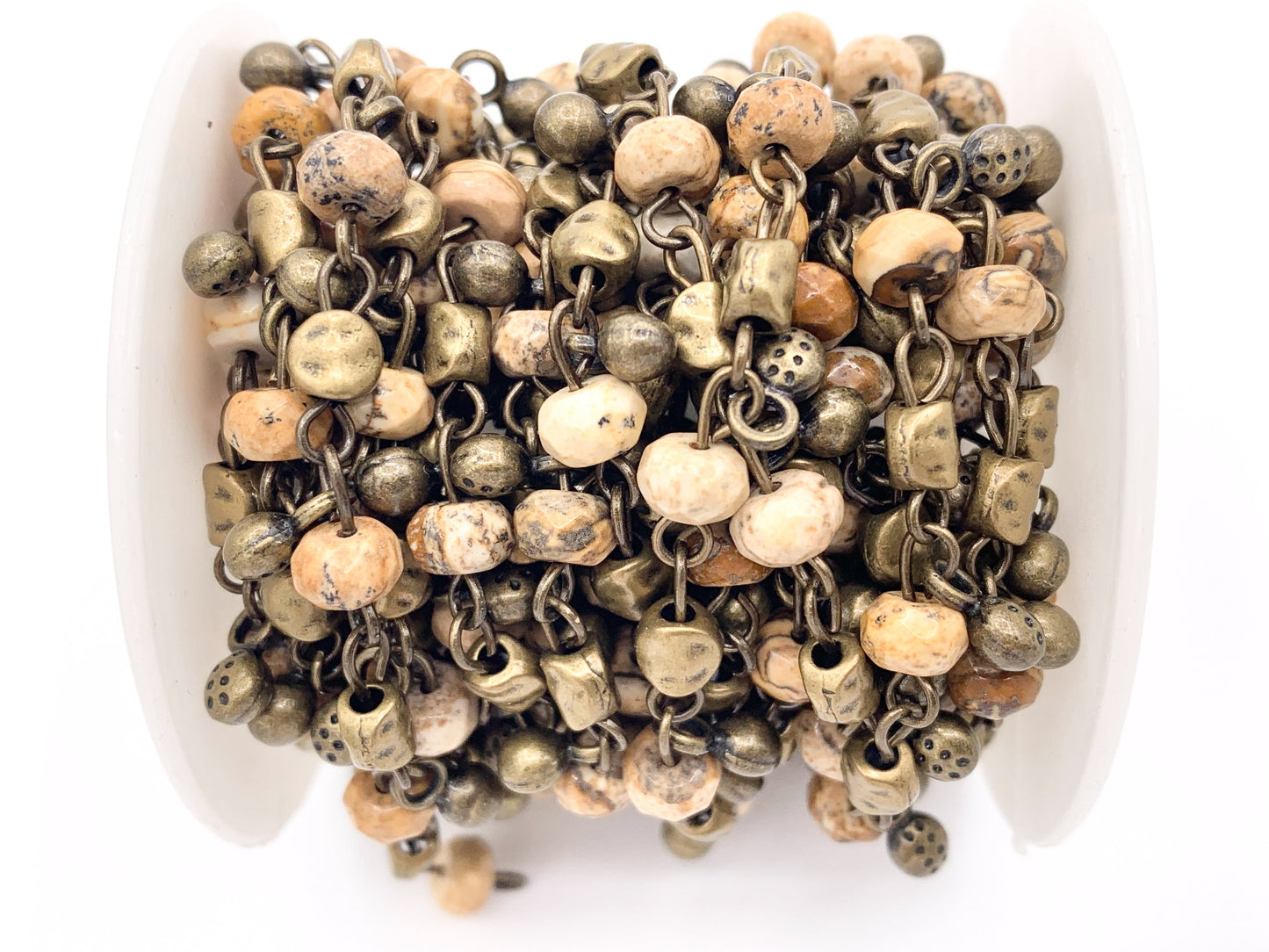 Vintage Dangle Picture Jasper/ Magnesite Natural Stone Rondelle Faceted Rosary Style Beaded Chain With Brass Wire By Spool 6mm