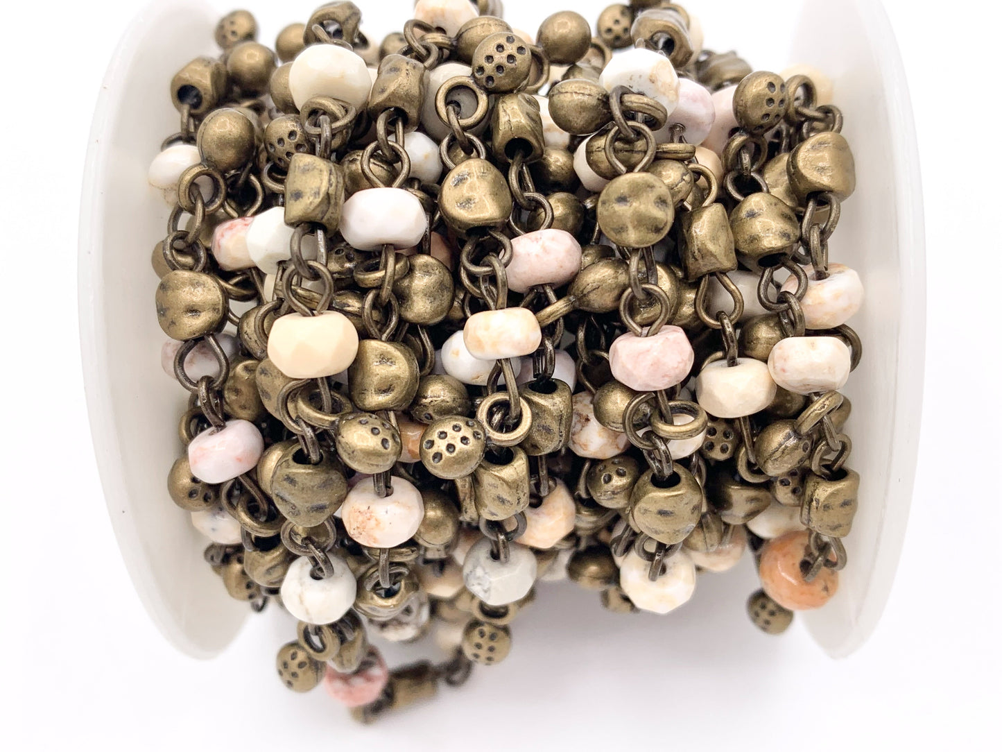 Vintage Dangle Picture Jasper/ Magnesite Natural Stone Rondelle Faceted Rosary Style Beaded Chain With Brass Wire By Spool 6mm