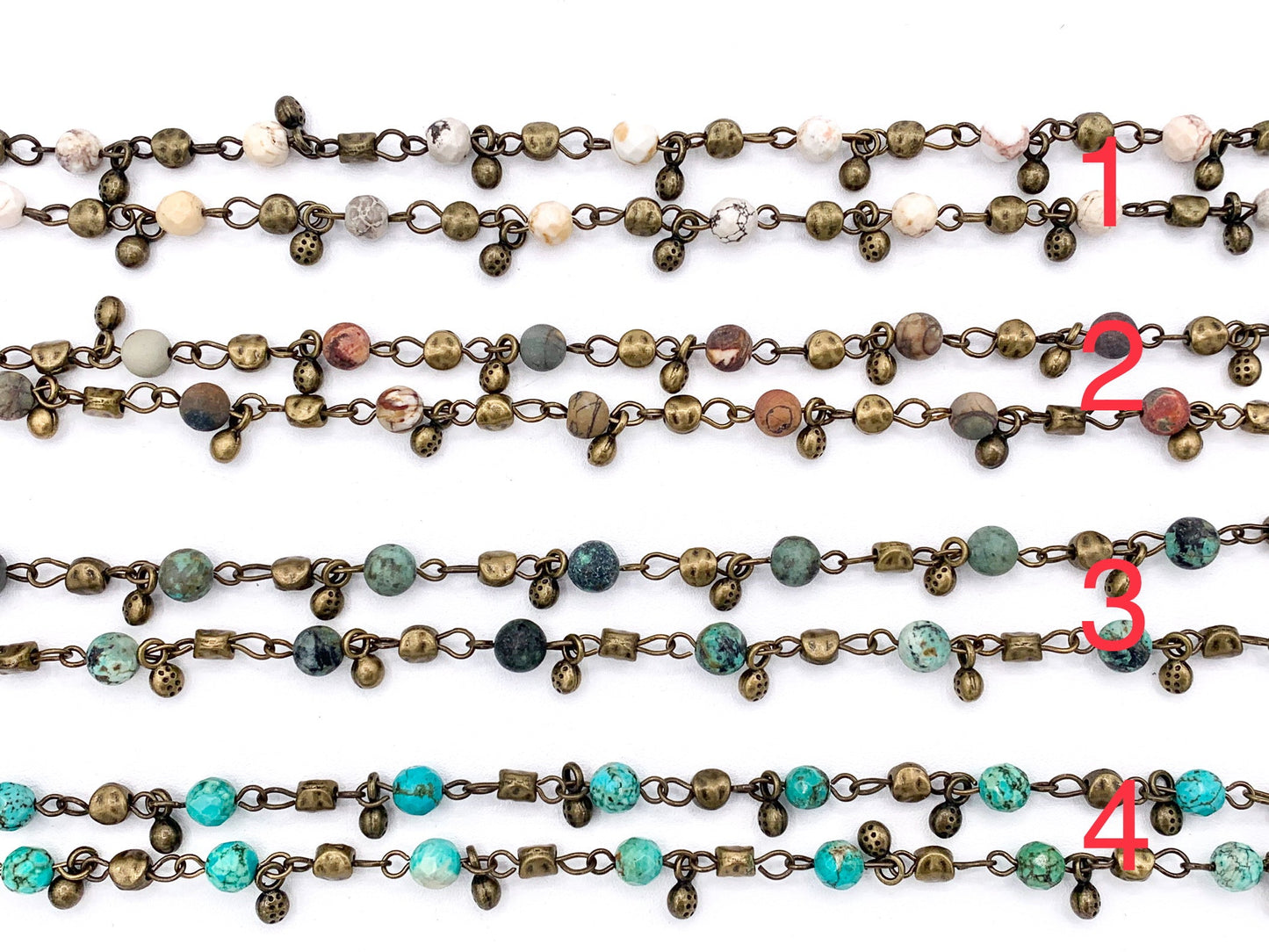 Vintage Dangle Picasso Jasper/ Magnesite/ African Turquoise Natural Stone Round Faceted Rosary Beaded Chain With Brass Wire By Spool 6mm