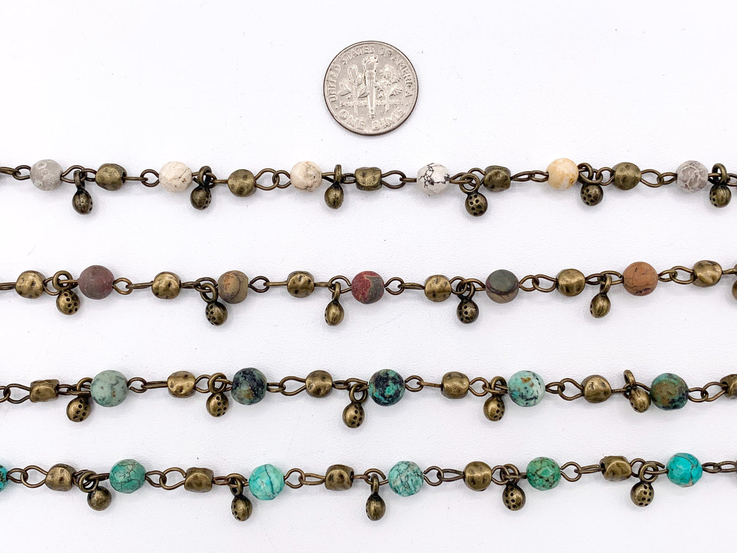 Vintage Dangle Picasso Jasper/ Magnesite/ African Turquoise Natural Stone Round Faceted Rosary Beaded Chain With Brass Wire By Spool 6mm