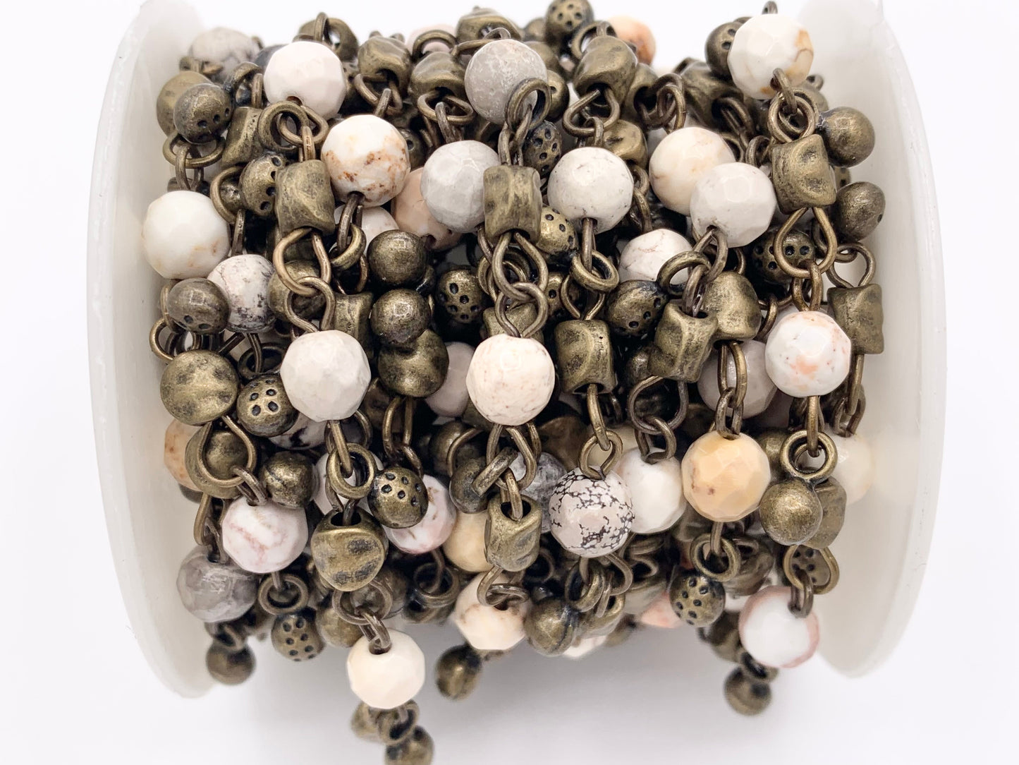Vintage Dangle Picasso Jasper/ Magnesite/ African Turquoise Natural Stone Round Faceted Rosary Beaded Chain With Brass Wire By Spool 6mm