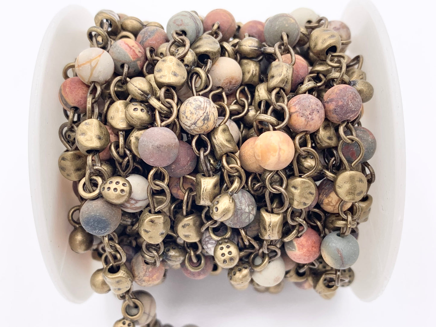 Vintage Dangle Picasso Jasper/ Magnesite/ African Turquoise Natural Stone Round Faceted Rosary Beaded Chain With Brass Wire By Spool 6mm