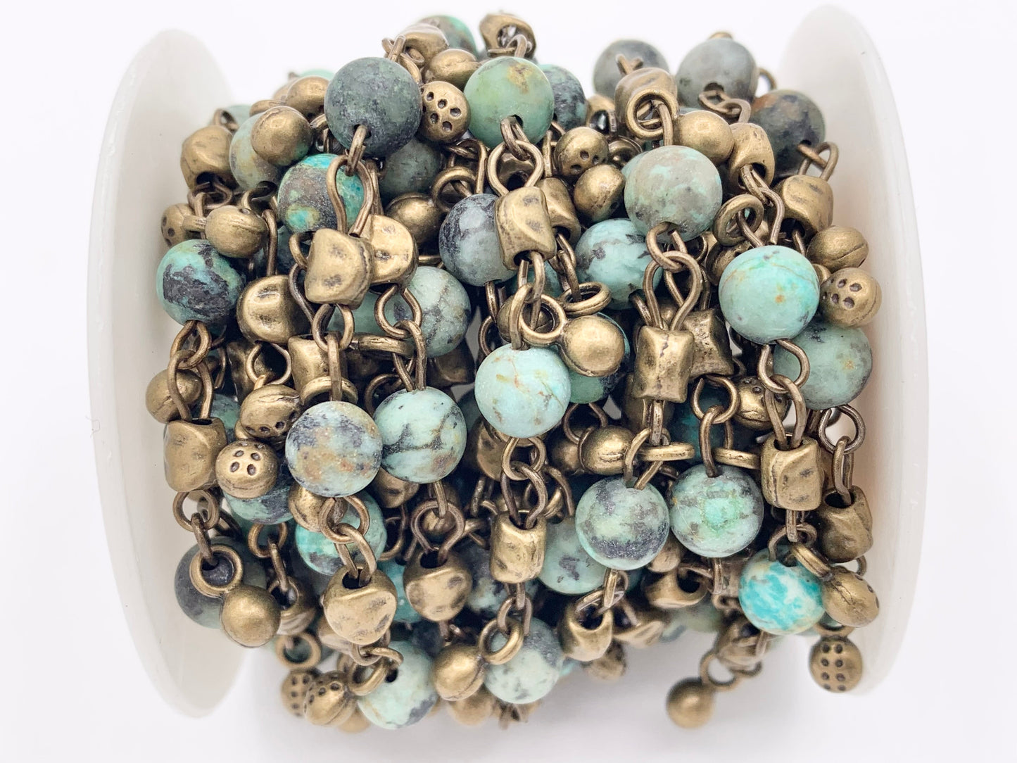 Vintage Dangle Picasso Jasper/ Magnesite/ African Turquoise Natural Stone Round Faceted Rosary Beaded Chain With Brass Wire By Spool 6mm