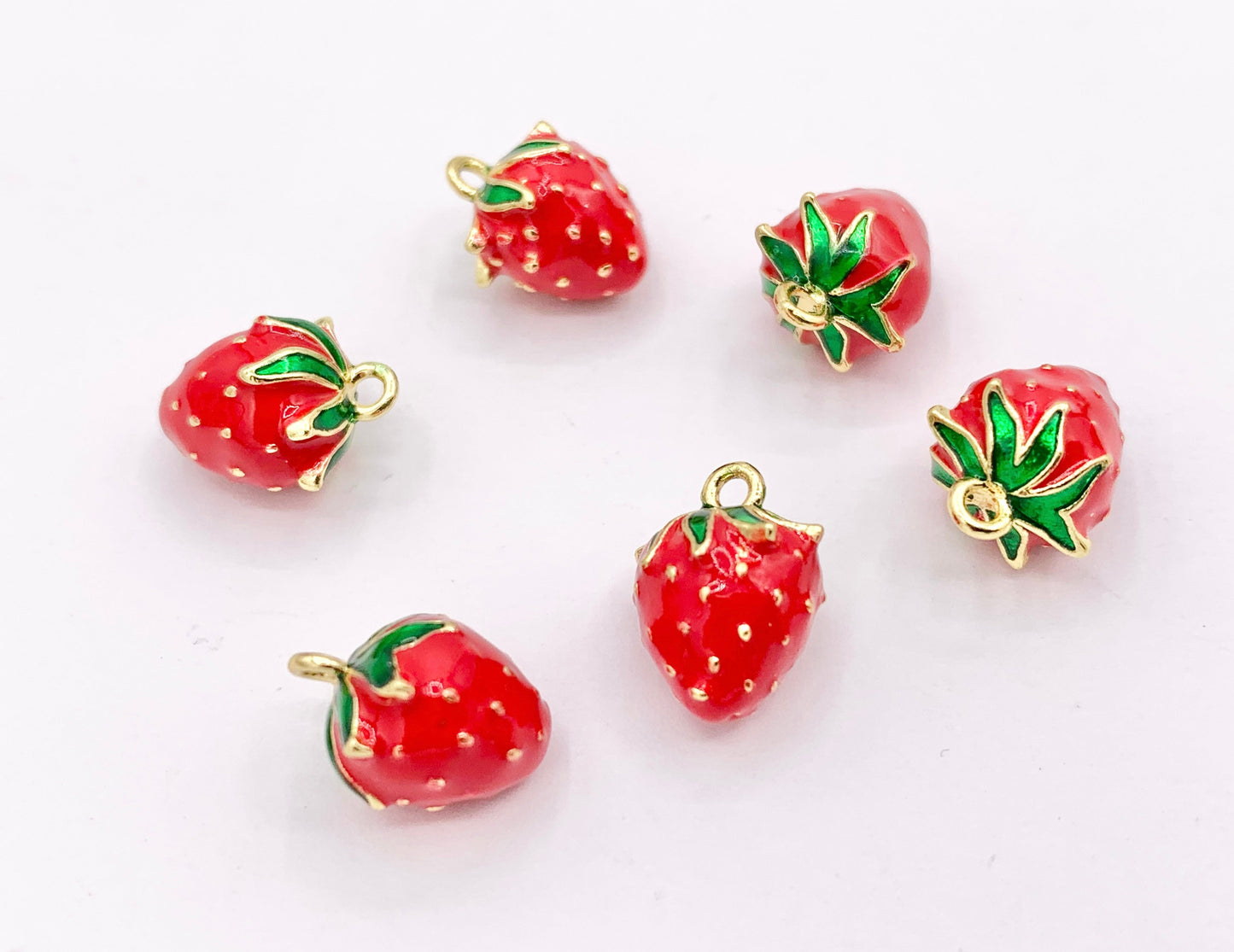 Cute Red Enamel Strawberry Charms 3D Puffy Fruit Charms in 18K Gold Plated Over Copper 10 PCS