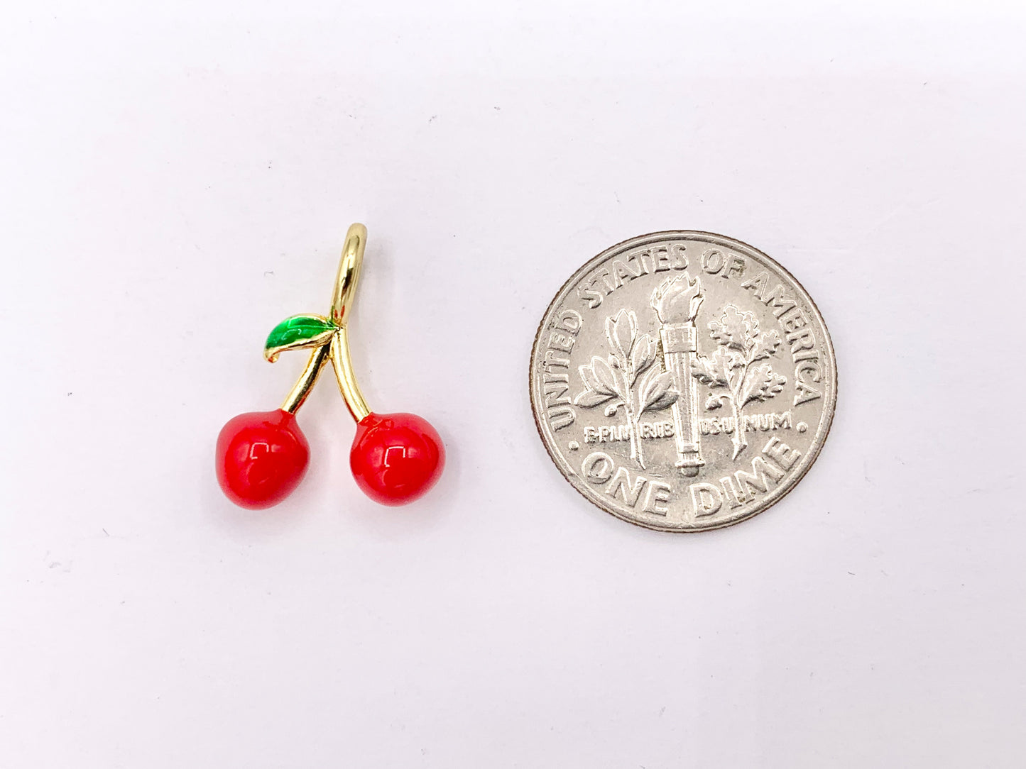 Cute Red Enamel Cherry Charms 3D Puffy Fruit Charms in 18K Gold Plated Over Copper 10 PCS