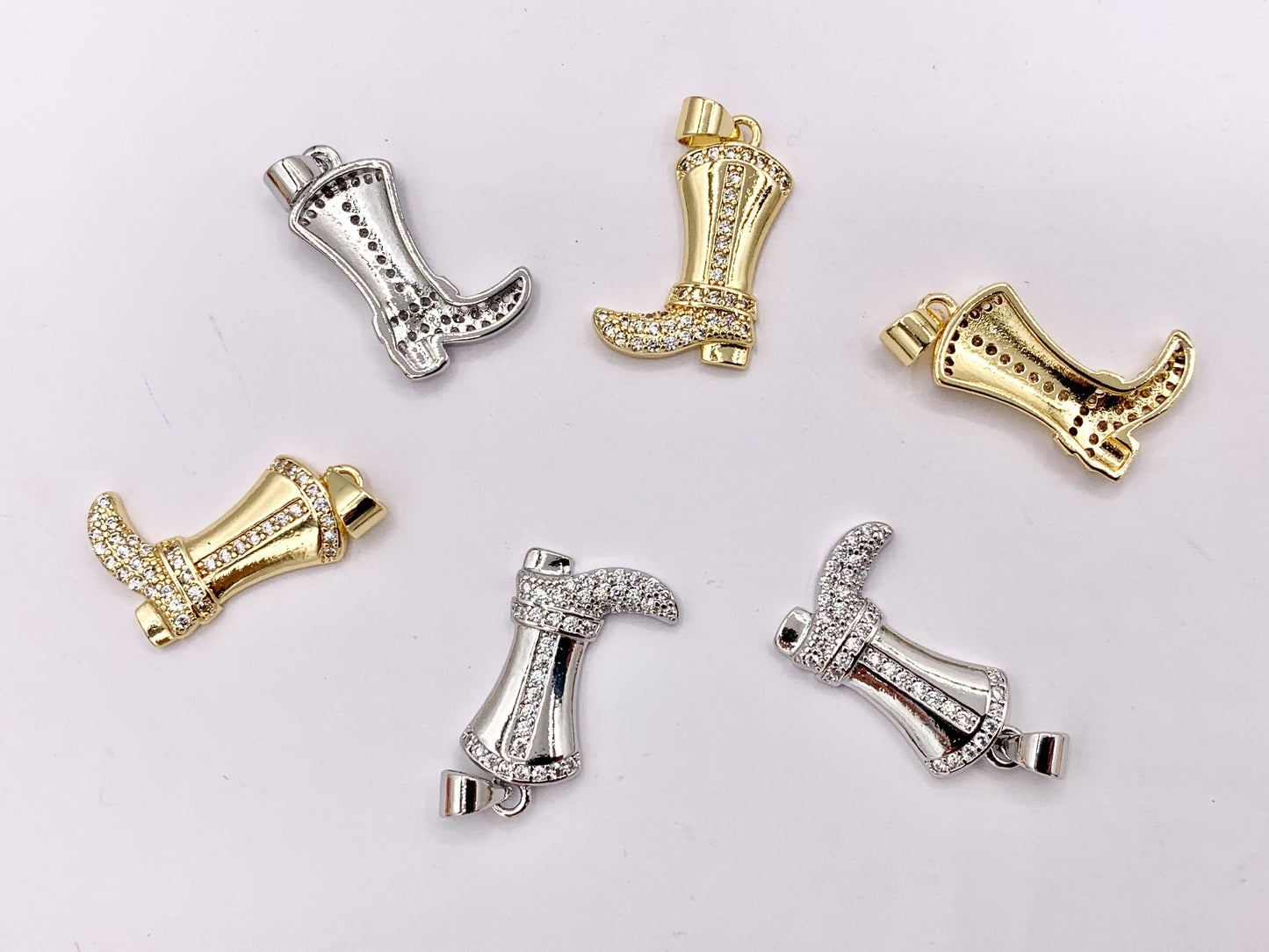 Western Cowboy Boots Texas Ranch One Sided Pendant Charms in CZ Pave 18K Gold/Silver Plated Copper 6 PCS