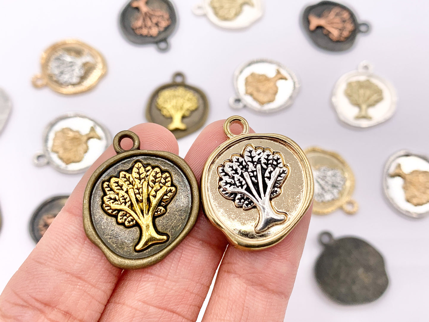 20x24mm Pewter Tree of Life Coin Charms One Sided 2 Tone Coin Pendant in Gold, Matte Silver, Silver, Brass, Gunmetal