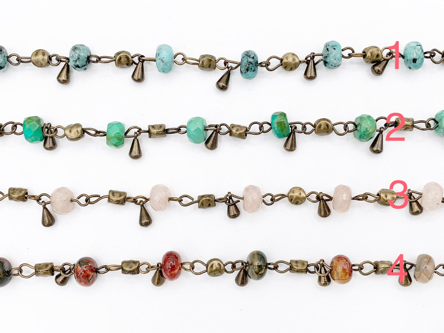 Vintage Dangle Jasper/ Magnesite/ Jade/ Picasso Jasper Natural Stone Rondelle Rosary Style Beaded Chain With Brass Wire By Spool 8mm