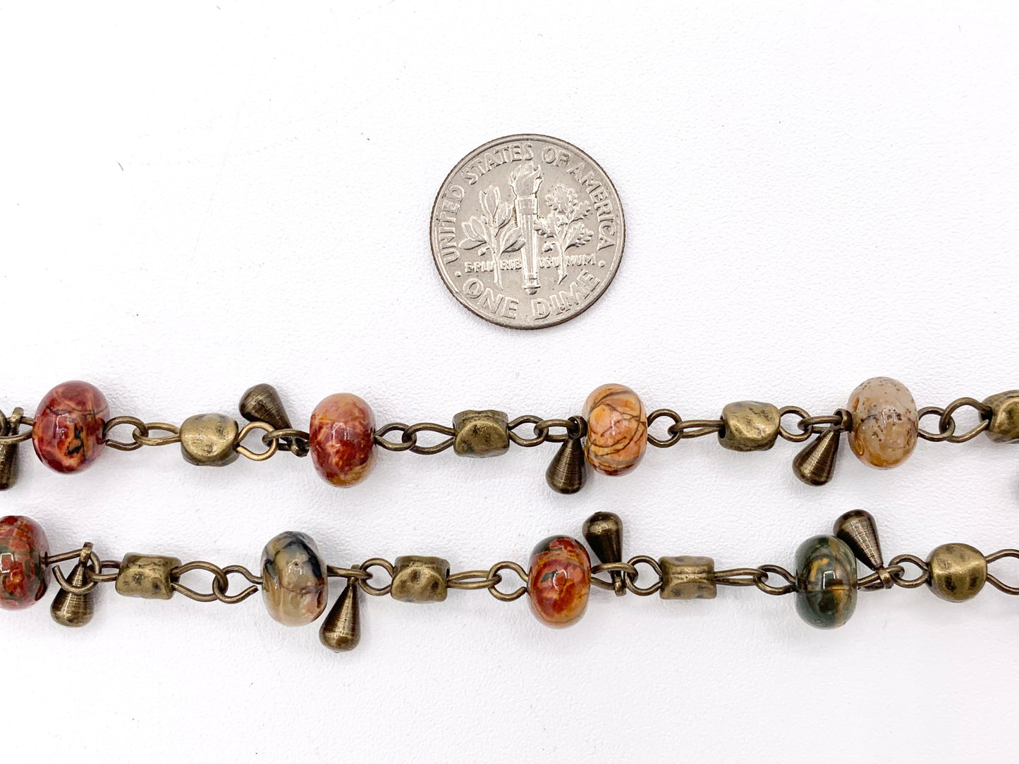 Vintage Dangle Jasper/ Magnesite/ Jade/ Picasso Jasper Natural Stone Rondelle Rosary Style Beaded Chain With Brass Wire By Spool 8mm