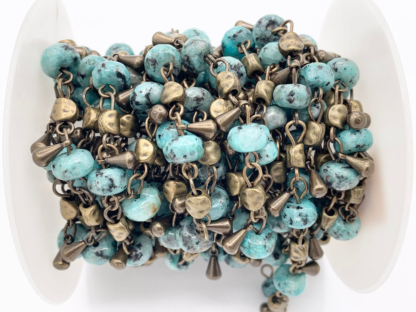 Vintage Dangle Jasper/ Magnesite/ Jade/ Picasso Jasper Natural Stone Rondelle Rosary Style Beaded Chain With Brass Wire By Spool 8mm