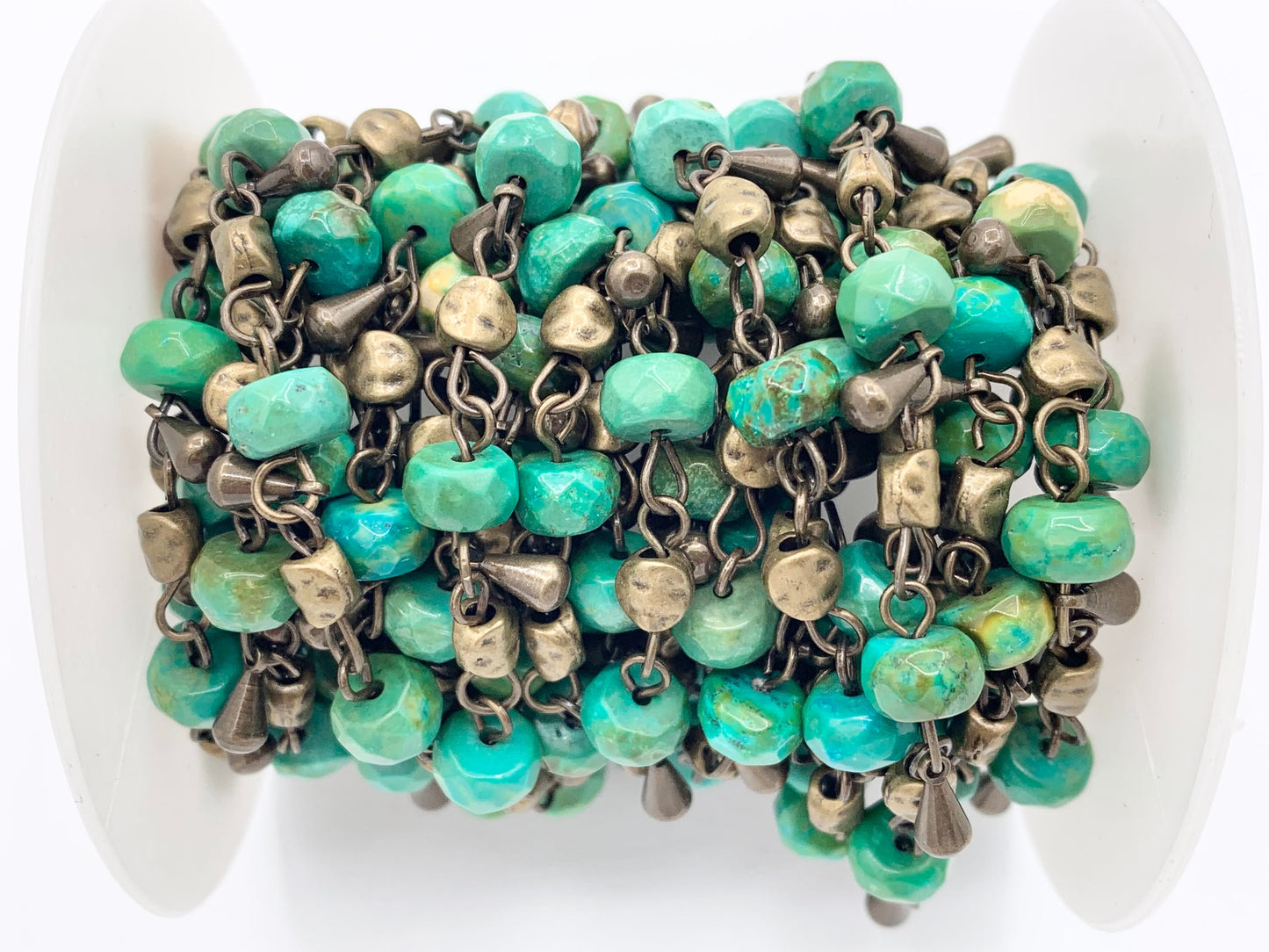 Vintage Dangle Jasper/ Magnesite/ Jade/ Picasso Jasper Natural Stone Rondelle Rosary Style Beaded Chain With Brass Wire By Spool 8mm