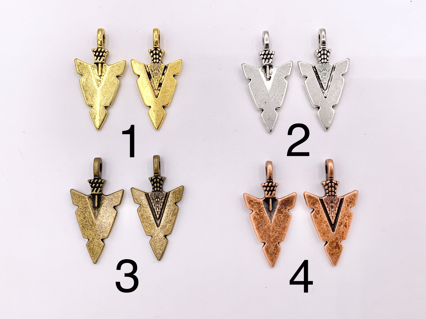 16x31mm Pewter Arrowhead Pendants in Gold, Silver, Copper, Brass, Gunmetal and Blue/Green Patina