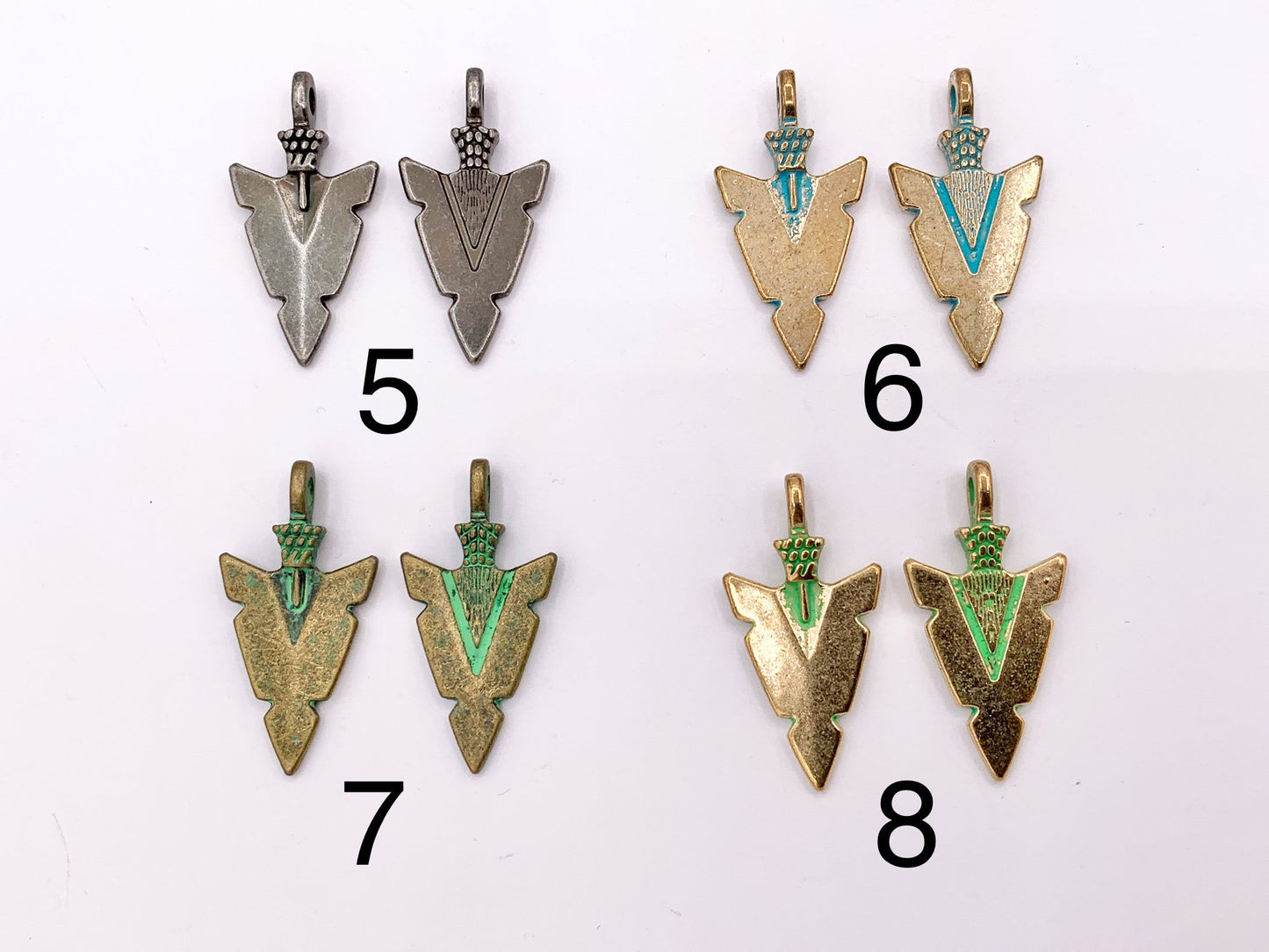 16x31mm Pewter Arrowhead Pendants in Gold, Silver, Copper, Brass, Gunmetal and Blue/Green Patina