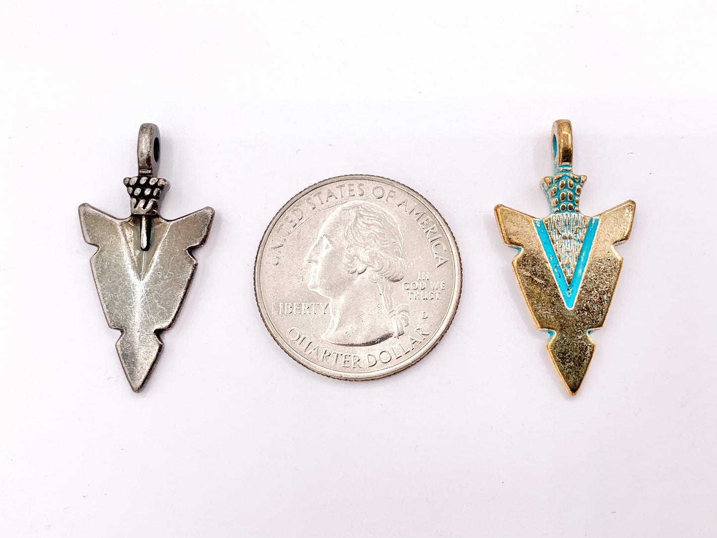 16x31mm Pewter Arrowhead Pendants in Gold, Silver, Copper, Brass, Gunmetal and Blue/Green Patina
