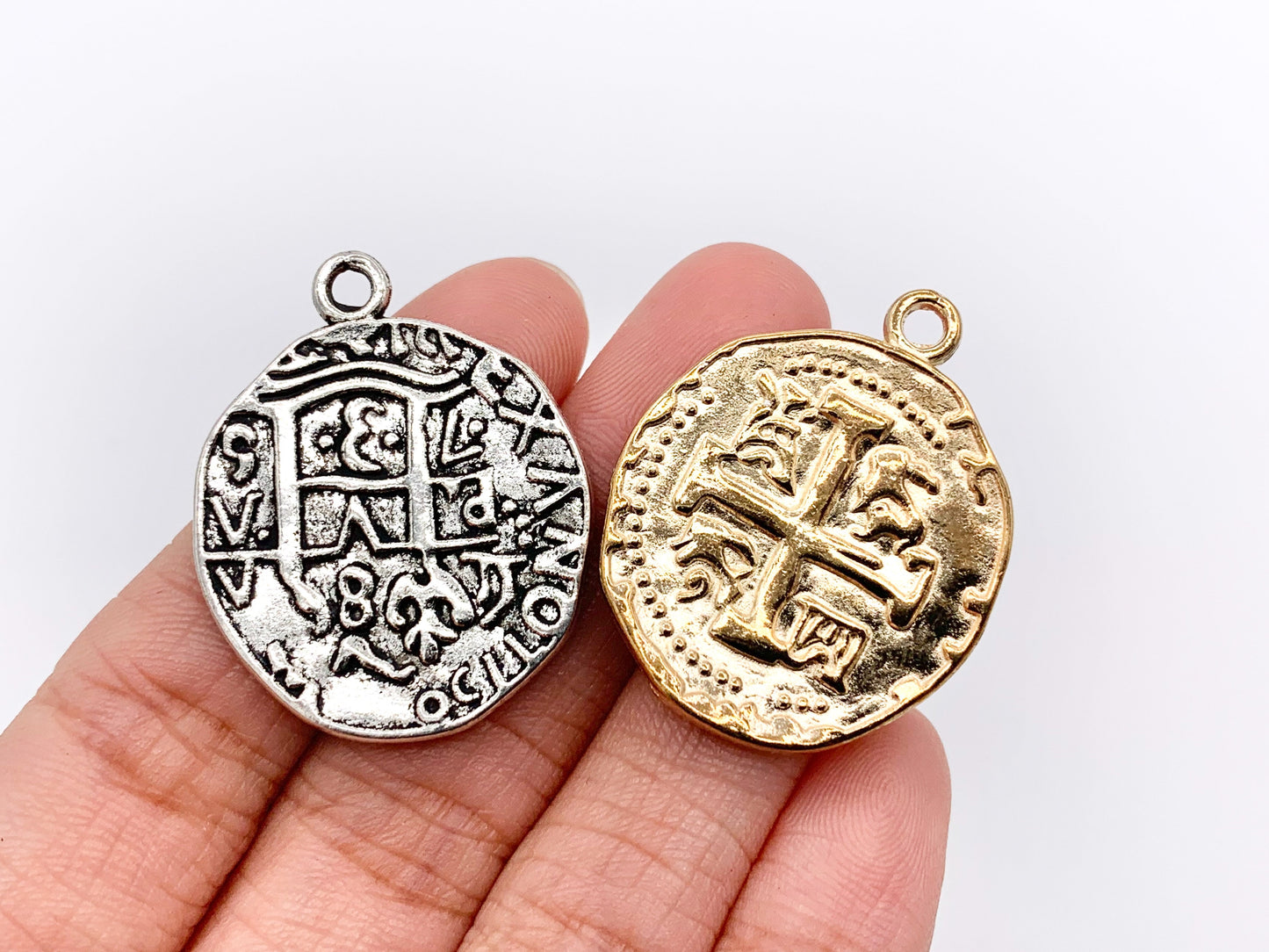 25mm Pewter Jerusalem Cross Coin Charms in Gold, Silver, Bronze, Copper, Gunmetal, Green & Blue Patina