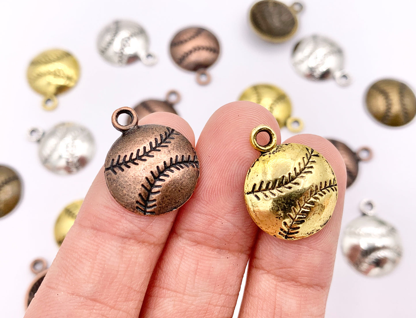 14mm Pewter One Sided Baseball Pendants Small Curved Coin Sports Charms Bulk Order in Gold, Silver, Copper and Brass 125g