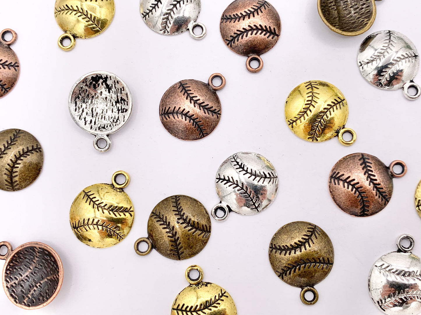 14mm Pewter One Sided Baseball Pendants Small Curved Coin Sports Charms Bulk Order in Gold, Silver, Copper and Brass 125g