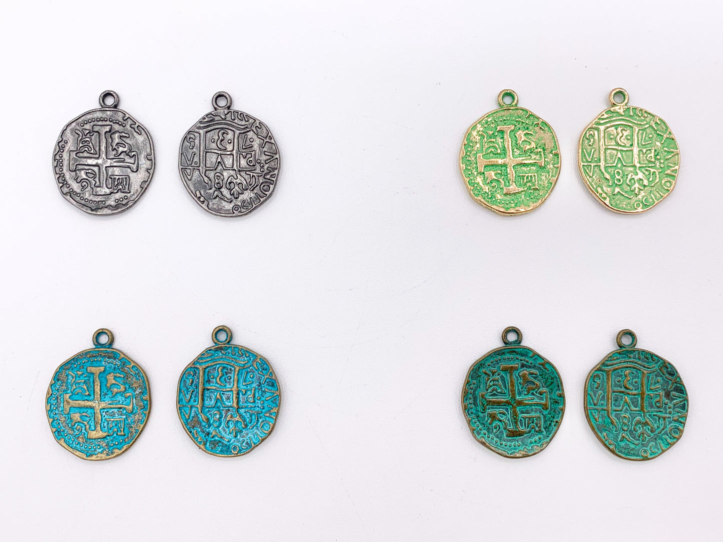 25mm Pewter Jerusalem Cross Coin Charms in Gold, Silver, Bronze, Copper, Gunmetal, Green & Blue Patina