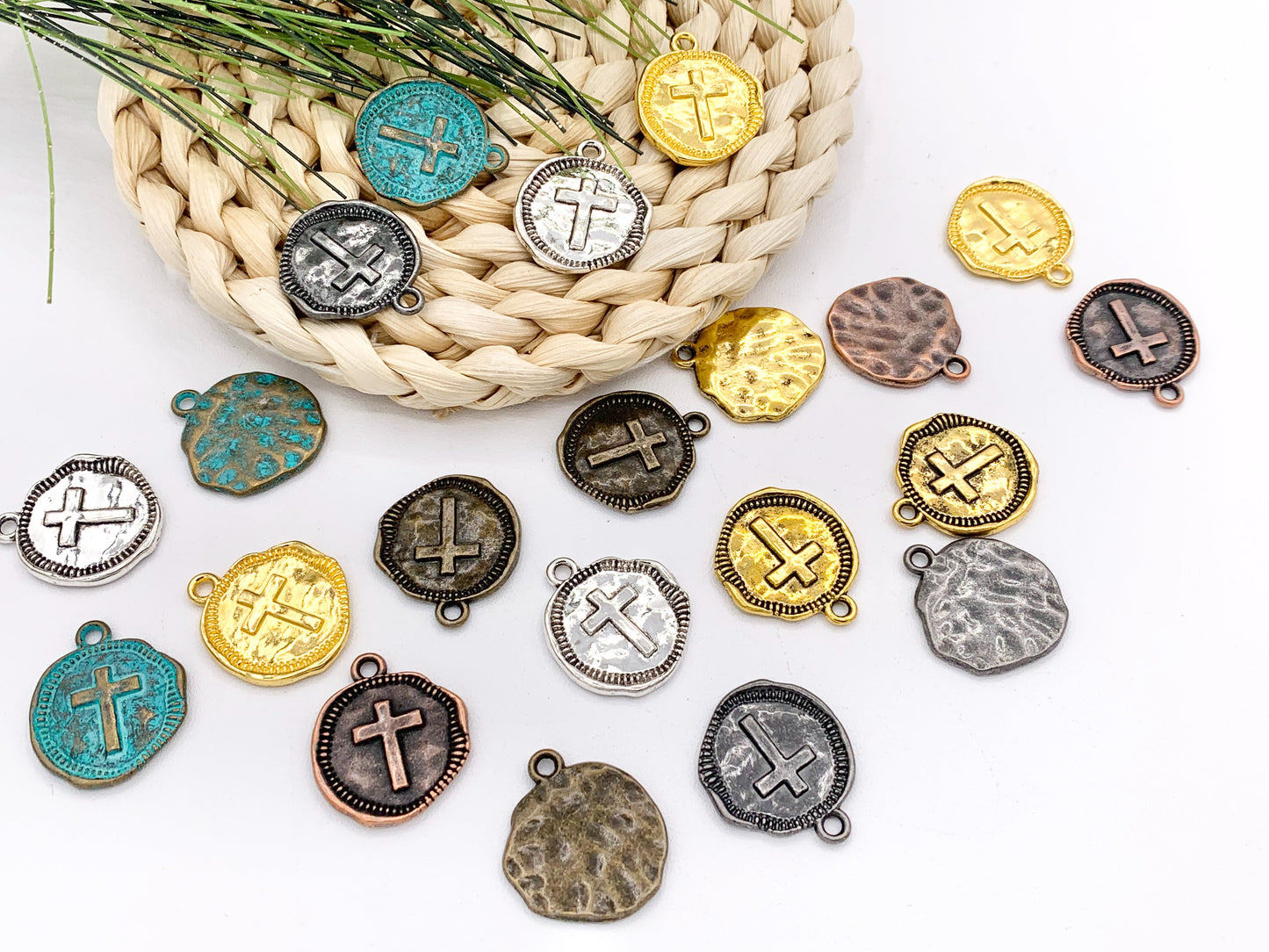 19mm Pewter Small Free Formed Cross Coin Charms in Antique Gold, Shiny Gold, Silver, Bronze, Copper, Gunmetal & Blue Patina