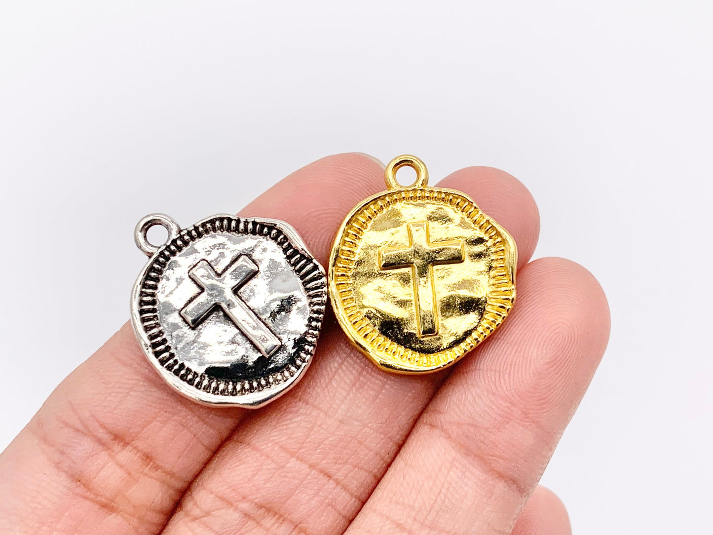 19mm Pewter Small Free Formed Cross Coin Charms in Antique Gold, Shiny Gold, Silver, Bronze, Copper, Gunmetal & Blue Patina