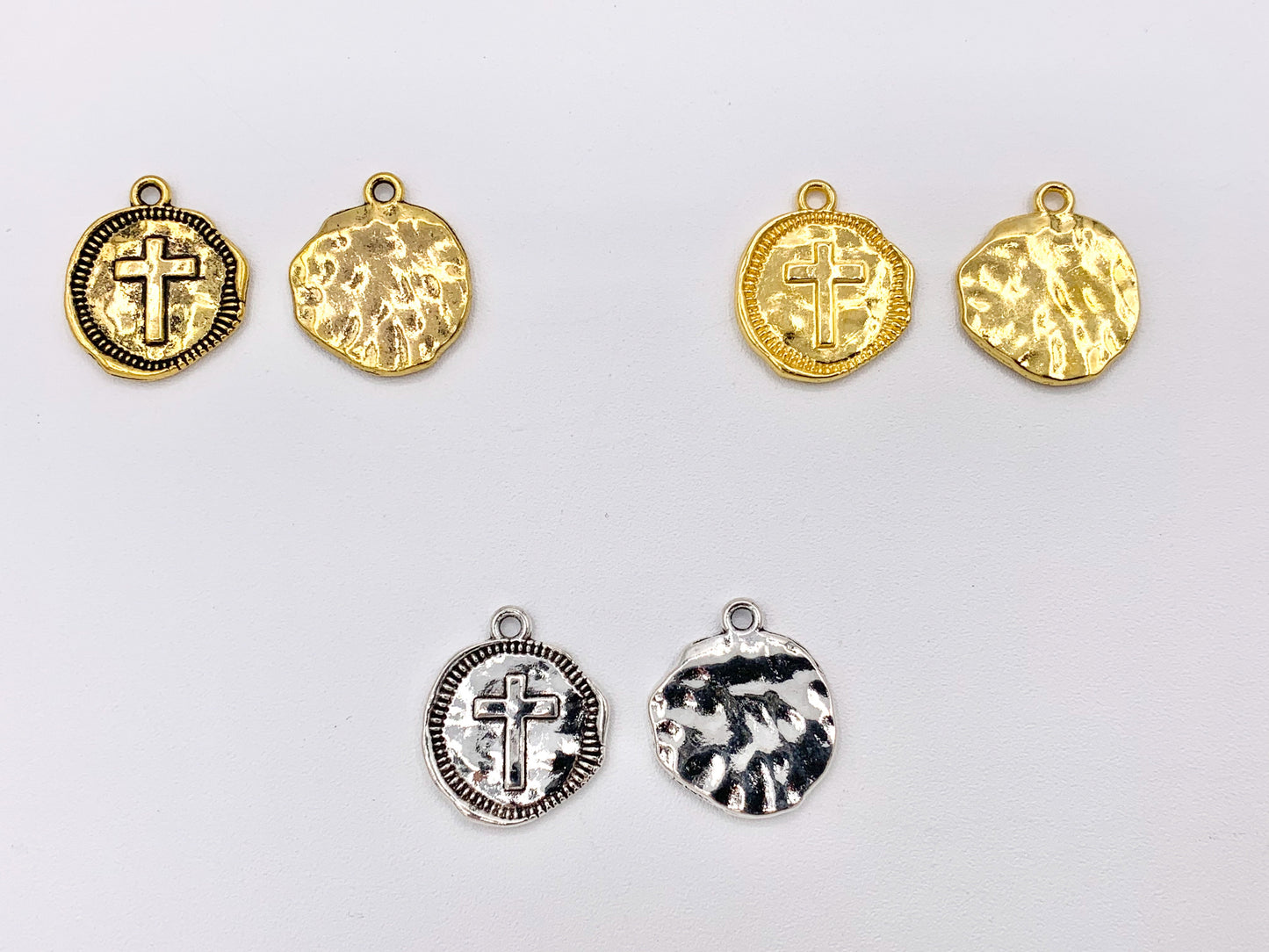 19mm Pewter Small Free Formed Cross Coin Charms in Antique Gold, Shiny Gold, Silver, Bronze, Copper, Gunmetal & Blue Patina