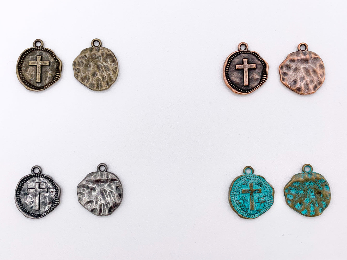 19mm Pewter Small Free Formed Cross Coin Charms in Antique Gold, Shiny Gold, Silver, Bronze, Copper, Gunmetal & Blue Patina