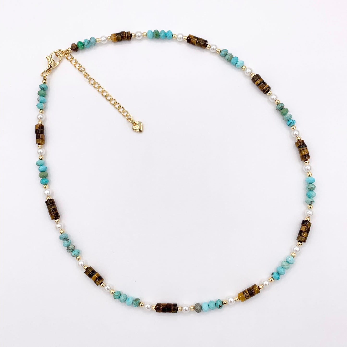 Delicate Tiger's Eye, Magnesite & Pearl Necklaces 18K Gold Plated Copper Choker Finished Necklace 16.5" Price For 1 Necklace