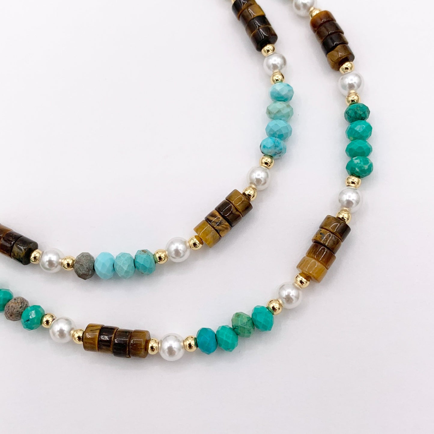 Delicate Tiger's Eye, Magnesite & Pearl Necklaces 18K Gold Plated Copper Choker Finished Necklace 16.5" Price For 1 Necklace