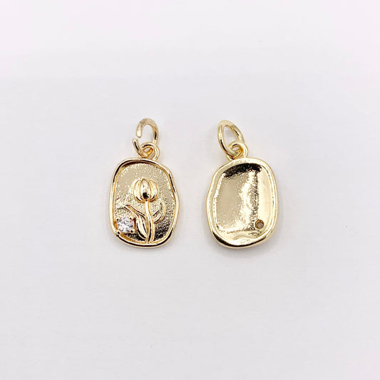 White & Pink Acetate CZ Pave Tulip Flower in Oval Pendant in Real Gold 18K Plated Over Copper 10 PCS