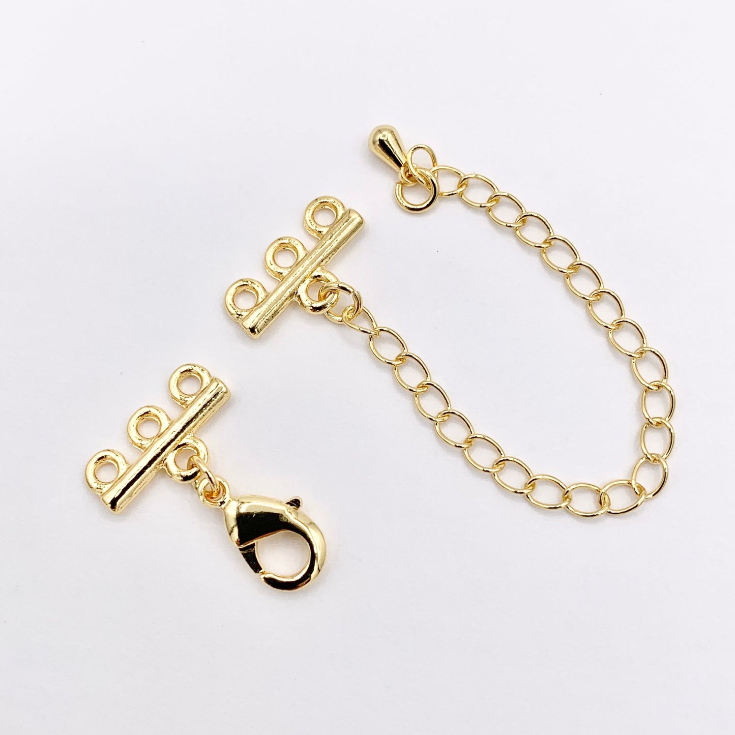 3 Strand Gold Lobster Clasps + 3" Extender Chain in 18K Gold Plated Copper Triple Clasp Component for Jewelry Making 10 PCS