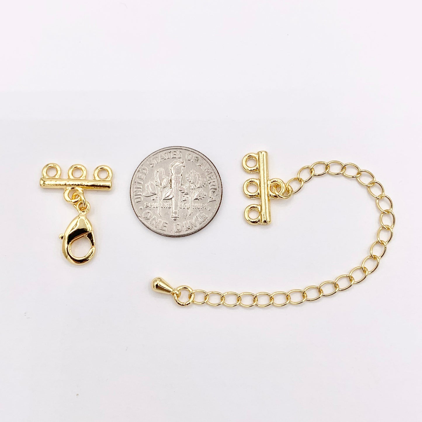 3 Strand Gold Lobster Clasps + 3" Extender Chain in 18K Gold Plated Copper Triple Clasp Component for Jewelry Making 10 PCS